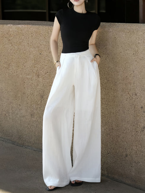 High-Waisted Linen Wide-Leg Trousers – Elegant White Relaxed Tailored Summer Pants