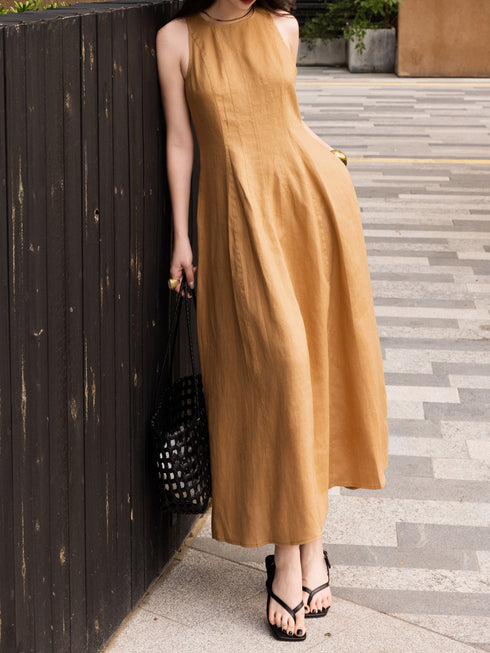 French Waist‑Defined Linen Midi Dress – Sleeveless A‑Line Summer Dress for Petite Women