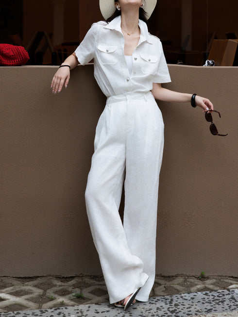 Women's Luxury Linen Two‑Piece Set – Short Sleeve Safari Shirt & Wide‑Leg Trousers