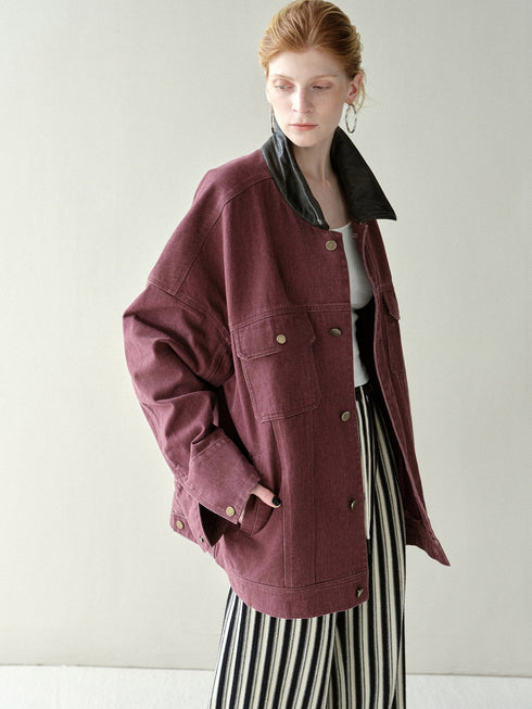 Vintage Barn-Style Washed Denim Jacket with Leather Collar – Heavyweight Distressed Workwear Coat