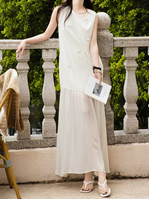French Elegant Bow-Embellished Sleeveless Maxi Dress – Luxury Round-Neck Chiffon Panel Dress