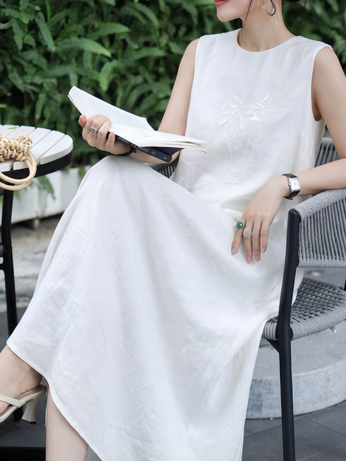 Minimalist Linen Embroidered Sleeveless Maxi Dress – Elegant One‑Piece Summer Linen Dress