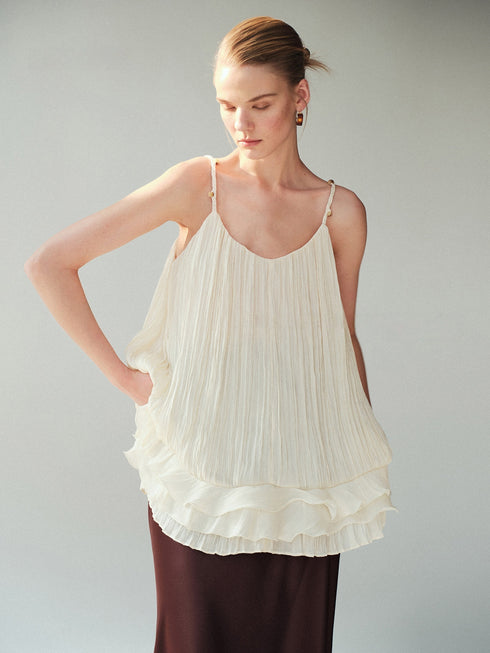 Pearlescent Crinkled Silk-Feel Camisole & A-Line Maxi Skirt Set – Braided V-Neck Resort Occasion Ensemble