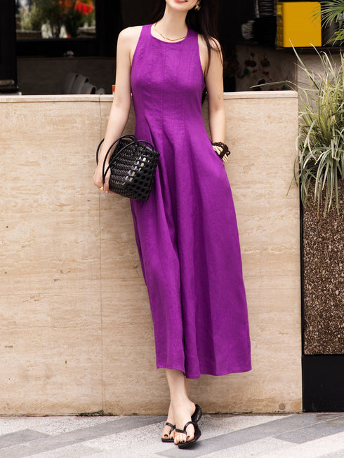 French Waist‑Defined Linen Midi Dress – Sleeveless A‑Line Summer Dress for Petite Women