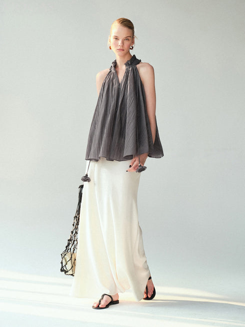 Lyocell–Acetate Blend Halter Ruffle Blouse – Pleated Draped Sleeveless Statement Top