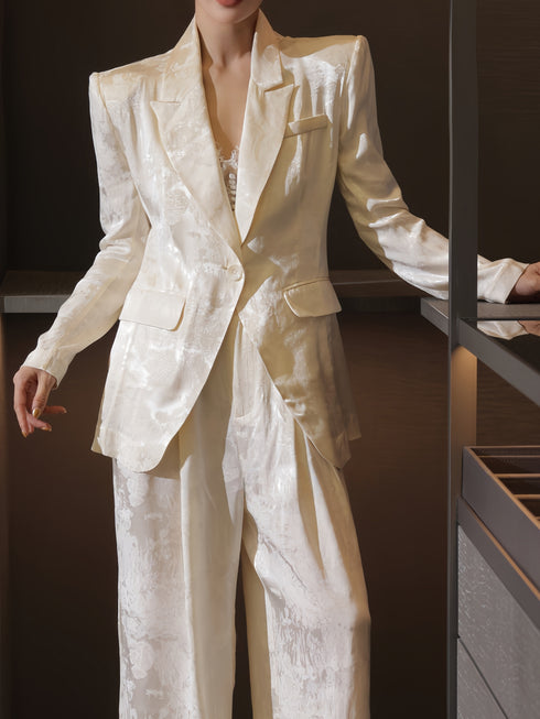 Luxury Jacquard Tailored Blazer & Wide-Leg Trouser Suit – Sculpted Waist Elegant Workwear Set