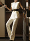 Architectural Ruffle-Panel Sleeveless Vest & Wide-Leg Trousers Set – Elegant Belted Workwear Ensemble