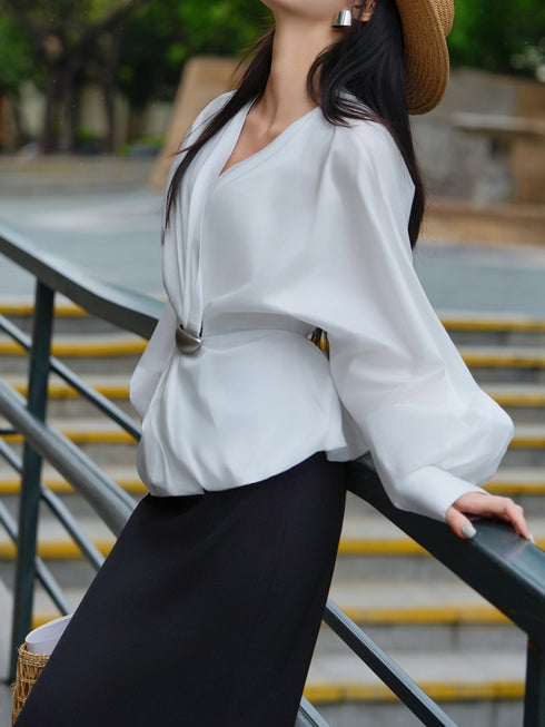 French Batwing Sleeve Cinched-Waist Blouse – Elegant V-Neck Draped Feminine Top