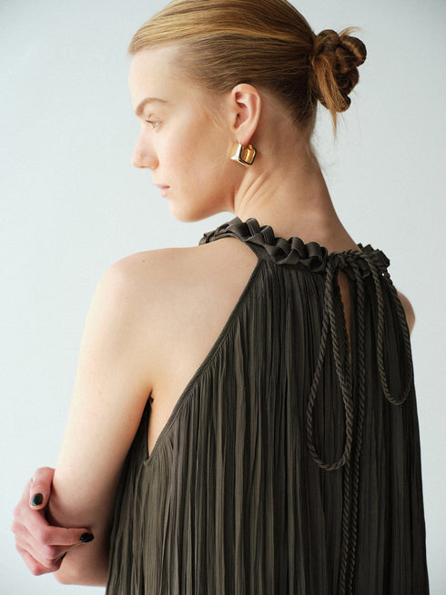 Lustre Island-Silk Pleated Halter Maxi Dress – Hand‑Braided Neckline A‑Line Sleeveless Dress