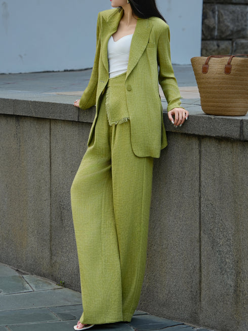 Relaxed Tailored Blazer & Wide-Leg Pants Set – Textured Viscose Three-Piece Suit with Draped Belt Panel