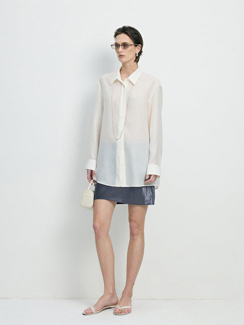 Sheer TENCEL Wool Relaxed Oversized Shirt - Luxe Lightweight Draped Blouse