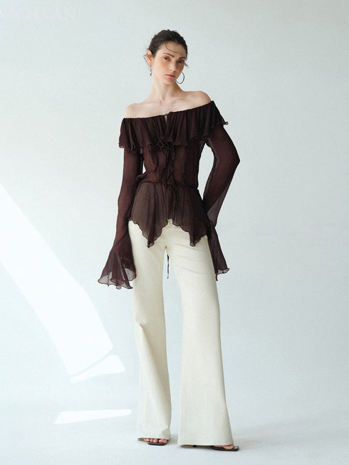 Cupro-Blend Ruffled V-Neck Blouse – Sheer Crinkled Bell-Sleeve Romantic Top