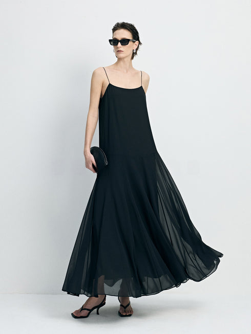 Minimalist Acetate Chiffon Maxi Slip Dress - 3.5M Full-Hem Luxury Cami Gown