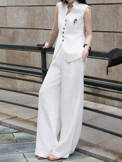 White Linen Rose Embroidered Vest & Wide-Leg Pants Set – Minimalist Tailored Summer Suit