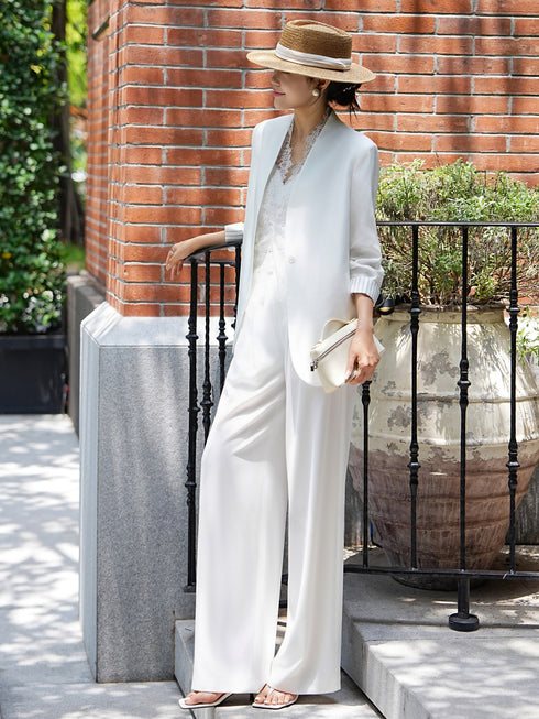 Collarless Acetate Tailored Blazer – Minimalist Spring Summer Office Jacket with Lace Camisole