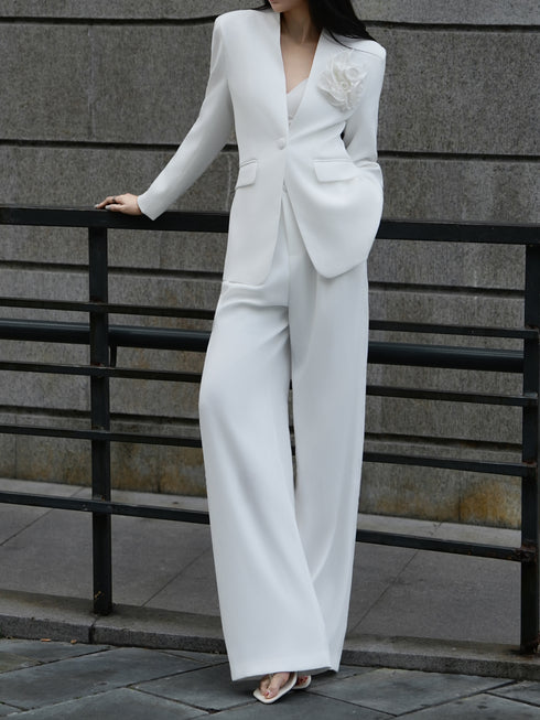 3D Floral Appliqué Tailored Blazer & Wide-Leg Trousers Suit Set – Elegant Office Two‑Piece Ensemble