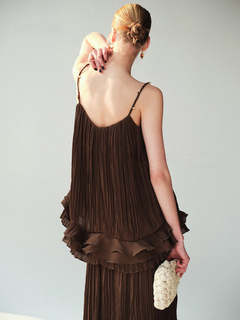 Pearlescent Crinkled Silk-Feel Camisole & A-Line Maxi Skirt Set – Braided V-Neck Resort Occasion Ensemble