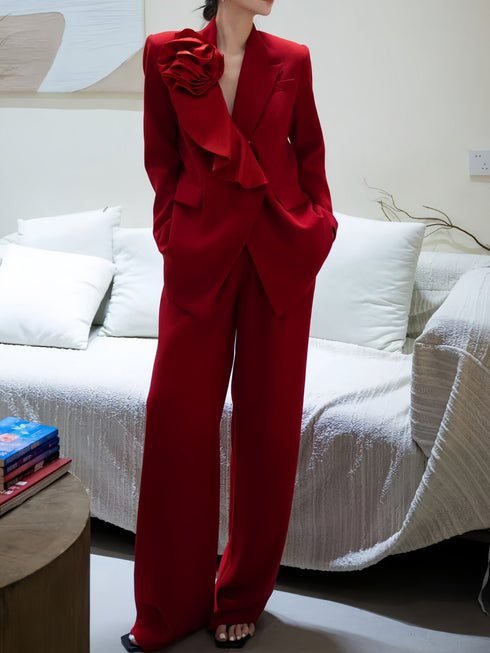 Luxury Floral Appliqué Blazer & Wide-Leg Trousers Suit Set – Elegant Designer Women's Power Suit
