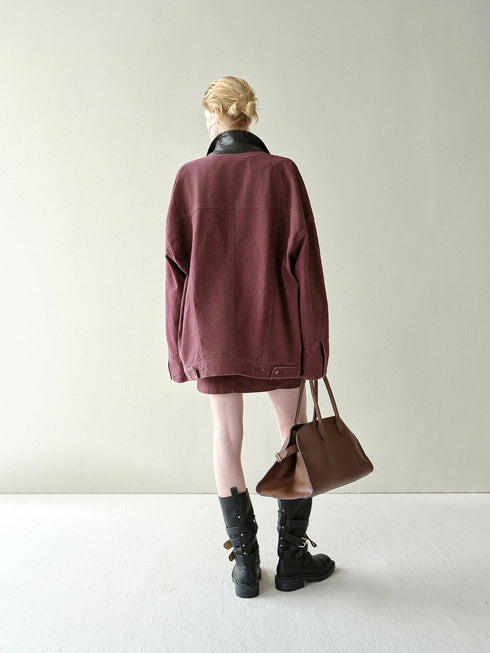 Vintage Barn-Style Washed Denim Jacket with Leather Collar – Heavyweight Distressed Workwear Coat