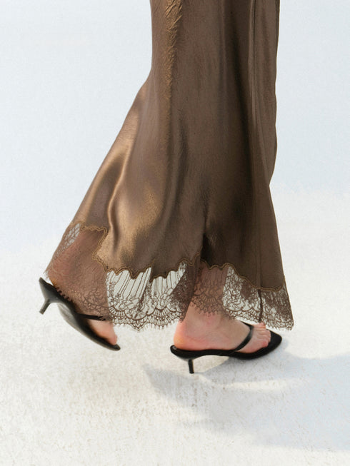 Acetate Satin U-Neck Tank & Lace-Trim Bias-Cut Maxi Skirt Set – Minimalist Luxury Slip Ensemble