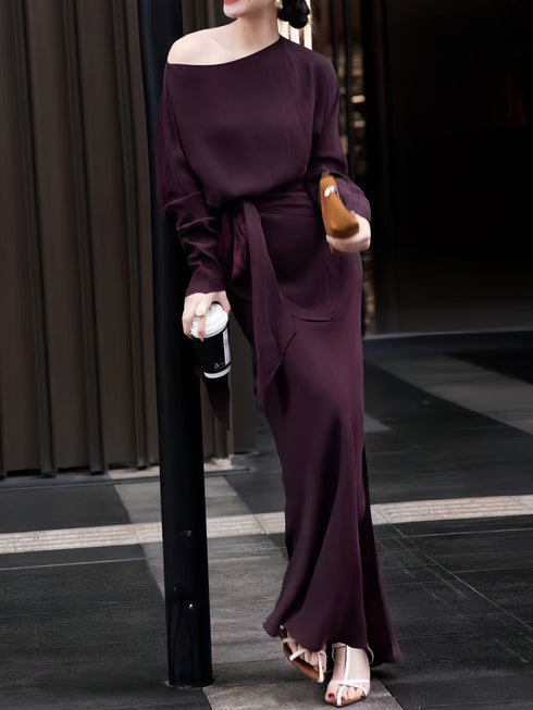 Luxury Cupro Batwing Top & Slim Maxi Skirt Set – Elegant Off-Shoulder Draped Two-Piece Outfit