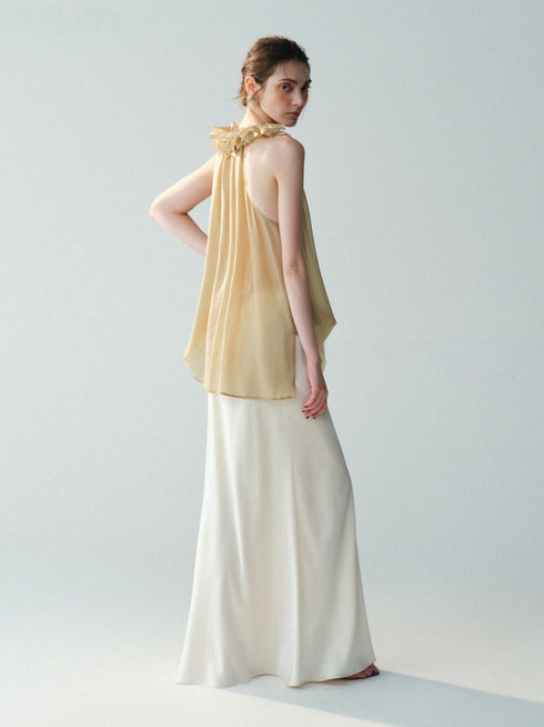 Luxury Cupro-Blend Ruffle V-Neck Draped Sleeveless Camisole Top