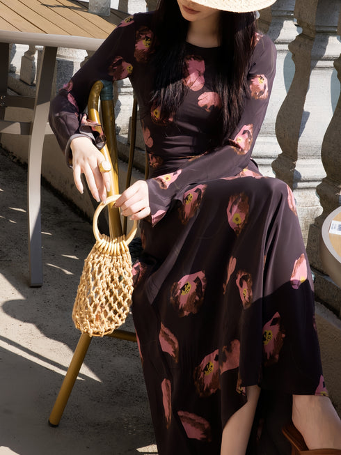 Luxury Mulberry Silk Floral Maxi Dress – Vacation Style Waist-Cinched Long Sleeve Dress
