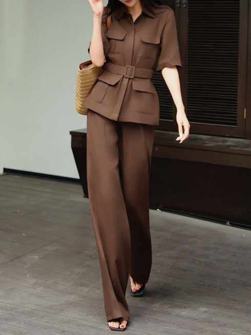 Vintage Linen Belted Shirt & Wide-Leg Pants Set – Elegant Workwear Two‑Piece Suit