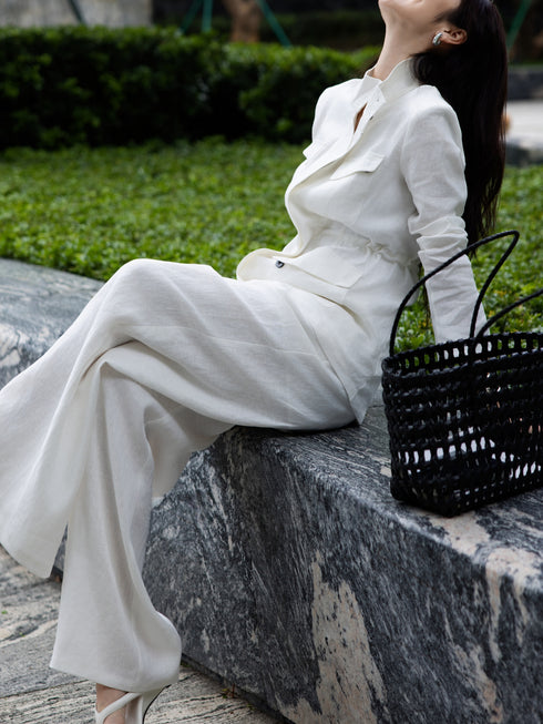 Luxury 100% Linen Utility Jacket & Wide-Leg Pants Set – Quiet Luxury Tailored Workwear Suit