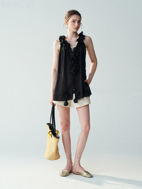 Luxury Cupro-Blend Ruffle V-Neck Draped Sleeveless Camisole Top