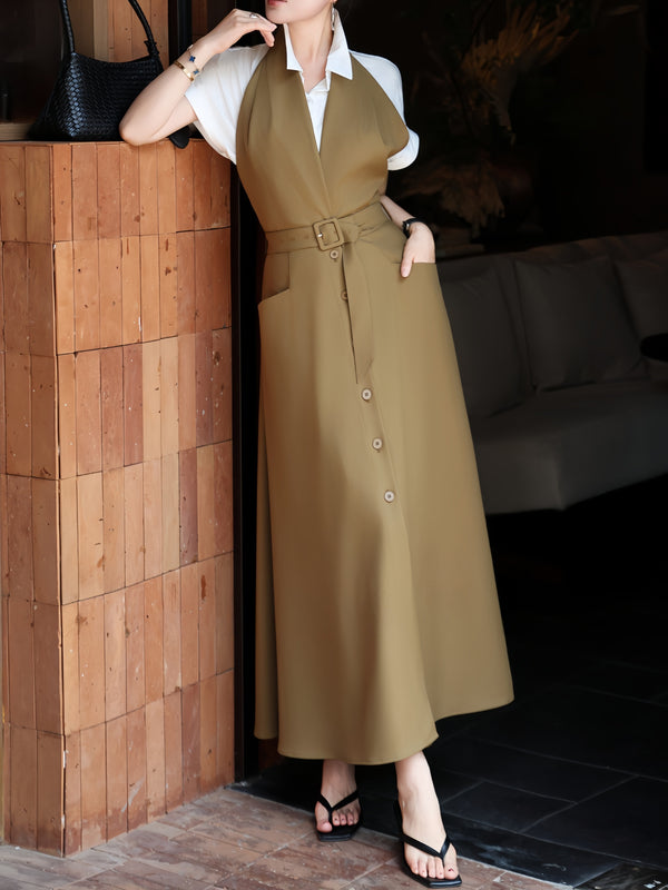 Elegant Halter Waist-Cinched Midi Dress & Blouse Two-Piece Set – Refined Office Lady Style