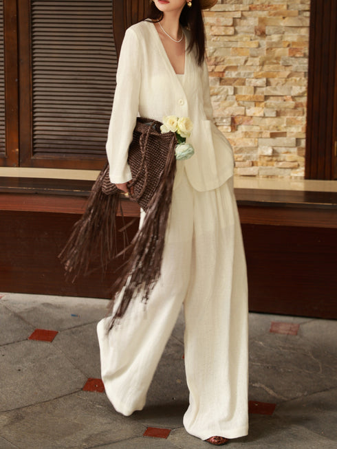100% Linen Relaxed V-Neck Blazer & Wide-Leg Pants Set – Effortless Resort Tailored Ensemble