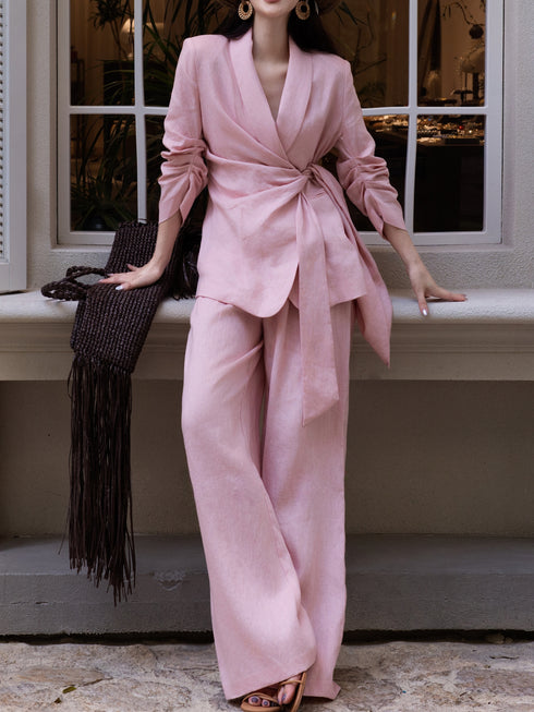 Old Money Linen Wrap Blazer & Wide-Leg Pants Set – 100% Linen Relaxed Tailored Suit for Women