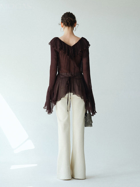 Cupro-Blend Ruffled V-Neck Blouse – Sheer Crinkled Bell-Sleeve Romantic Top