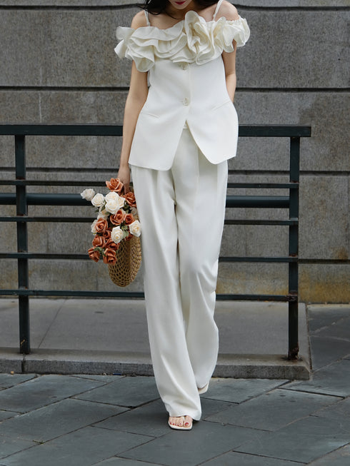 Off-Shoulder Ruffle Tencel Wool Top & Wide-Leg Pants Set – Sculpted Camisole Suit