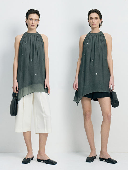 Hand-Beaded Draped Cupro Halterneck Top & Airy Wide-Leg Pants Set