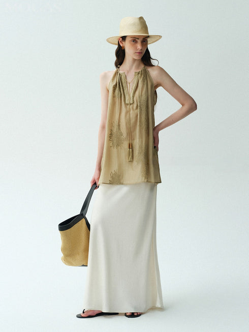 Lyocell Embroidered Tassel Halter Top – Lace-Trim Sleeveless Draped Blouse