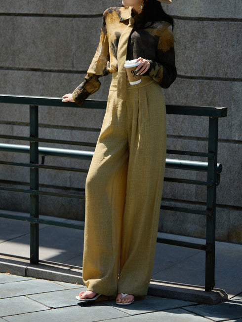 Vintage Printed Silk Blouse with Tie & High-Waist Wide-Leg Trousers Set – Elegant Workwear Ensemble