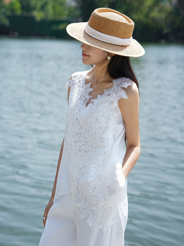 French Lace V-Neck Asymmetric Crochet Top – Elegant Sleeveless Summer Blouse