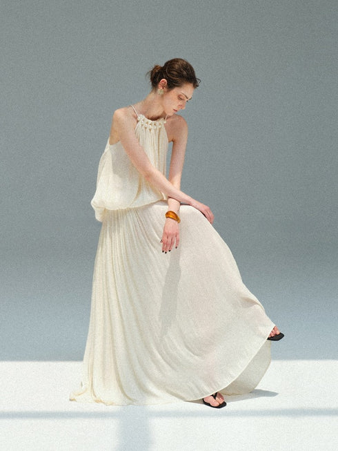 Pearlescent Island Silk Asymmetric Waist Bias-Cut Maxi Skirt – Fluid Pleated A-Line Silhouette