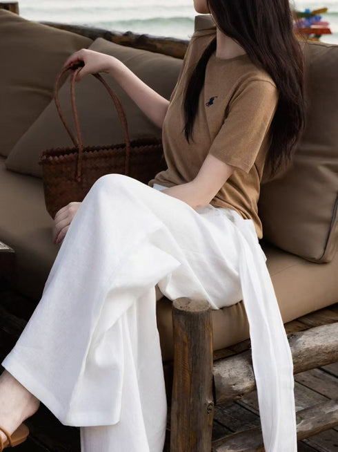 High-Waisted Asymmetric Wrap Linen Wide-Leg Pants – White Draped Resort Trousers
