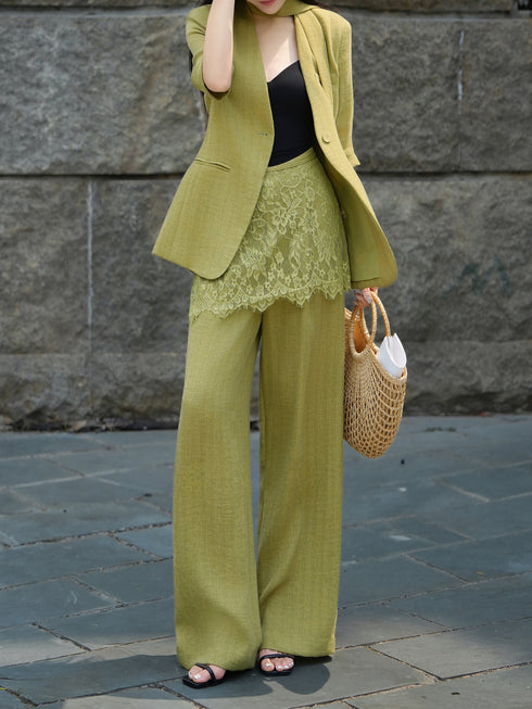 Summer Old Money Lace-Layered Blazer & Wide-Leg Pants Set – Elegant 4‑Piece Linen Lyocell Suit