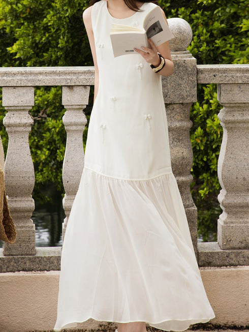 French Elegant Bow-Embellished Sleeveless Maxi Dress – Luxury Round-Neck Chiffon Panel Dress