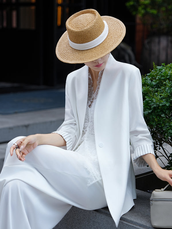 Collarless Acetate Tailored Blazer – Minimalist Spring Summer Office Jacket with Lace Camisole
