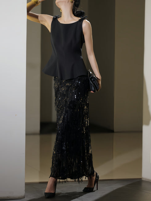 French Hepburn Bow-Strap Peplum Top & Sequin Fringe Midi Skirt Set – Elegant Evening Two-Piece