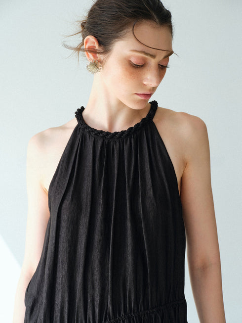 Pearlescent Acetate Braided Halter Maxi Dress – Hand-Smoked Sleeveless Resort Gown