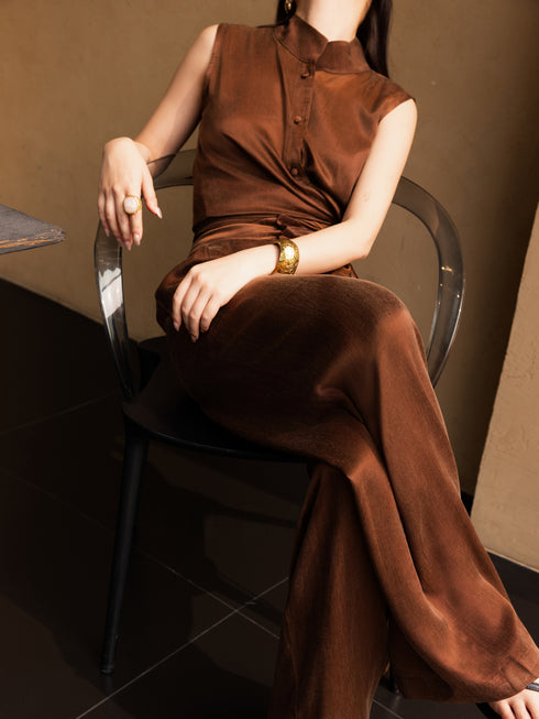 Vintage-Inspired Cupro Stand-Collar Wrap Top & Wide-Leg Pants Set – Elegant Summer Two-Piece