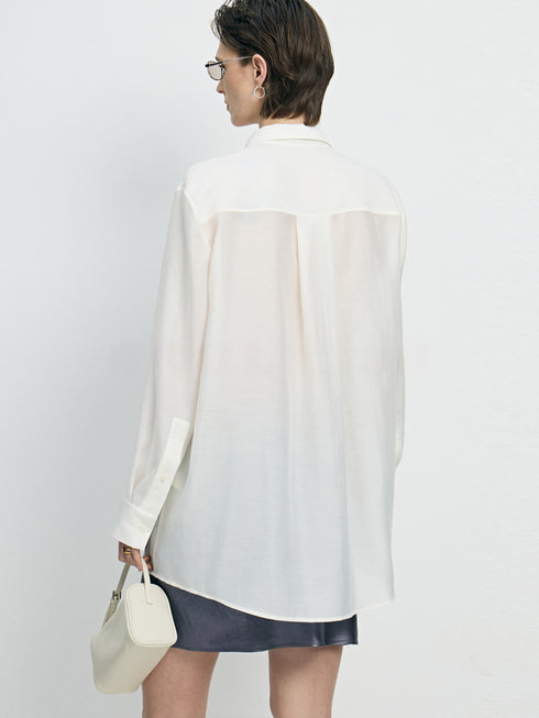 Sheer TENCEL Wool Relaxed Oversized Shirt - Luxe Lightweight Draped Blouse