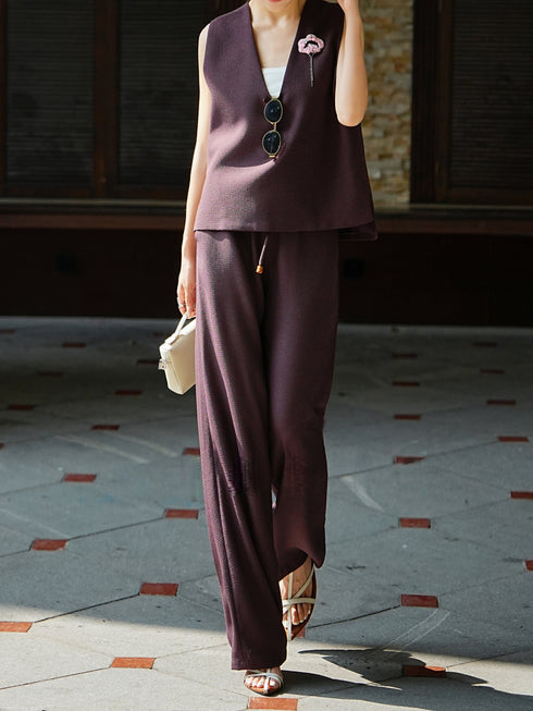 Textured Deep V-Neck Tank & Wide-Leg Pants Set – Minimalist Summer Two-Piece Lounge Suit