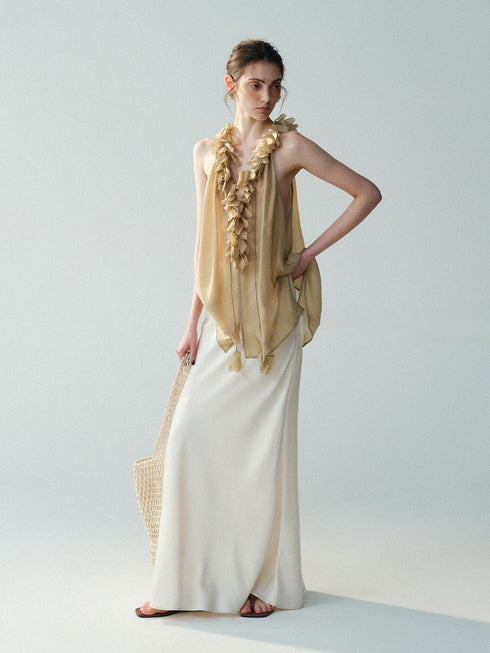 Luxury Cupro-Blend Ruffle V-Neck Draped Sleeveless Camisole Top
